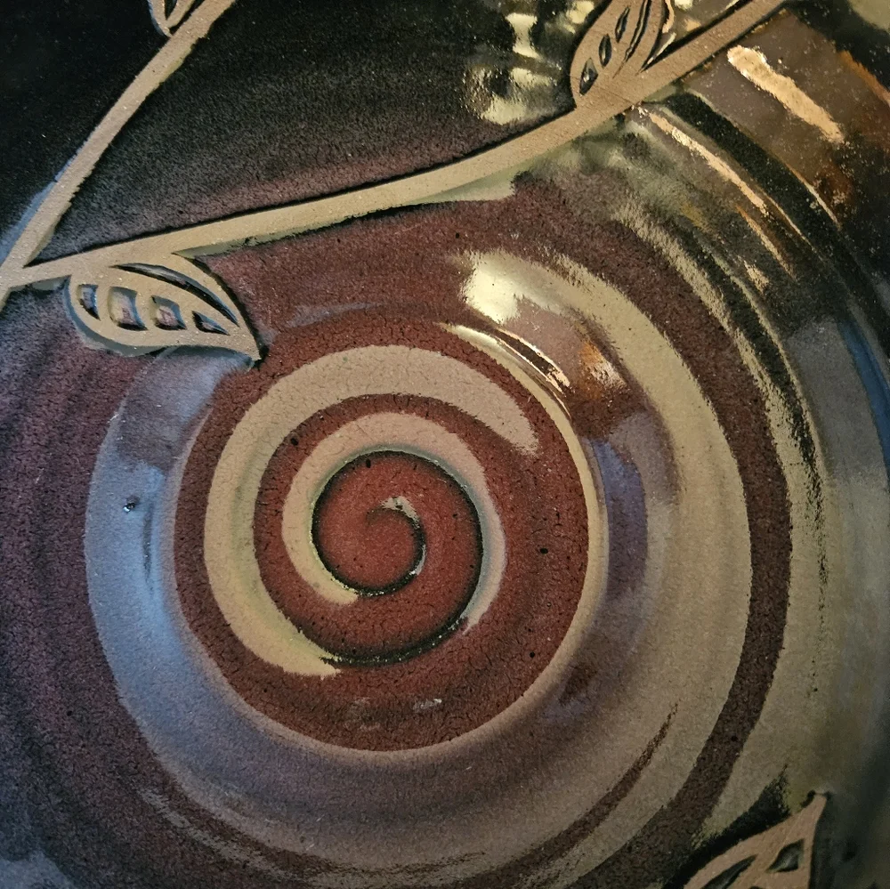 Beautiful Stoneware Glazed Signed Pottery Bowls w/ swirl & etched leaves